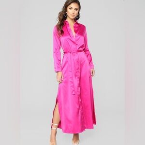 Sophie Satin - Magenta Maxi Button Up Dress (Large)